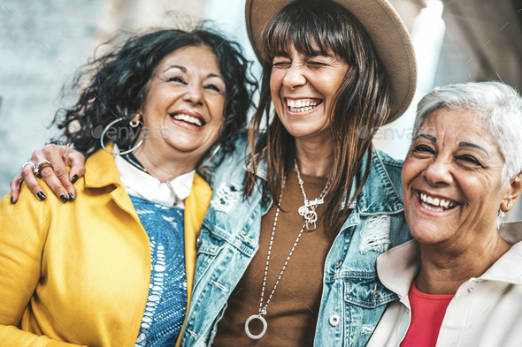Three senior women having fun laughing out loud outside Stock Photo by ...