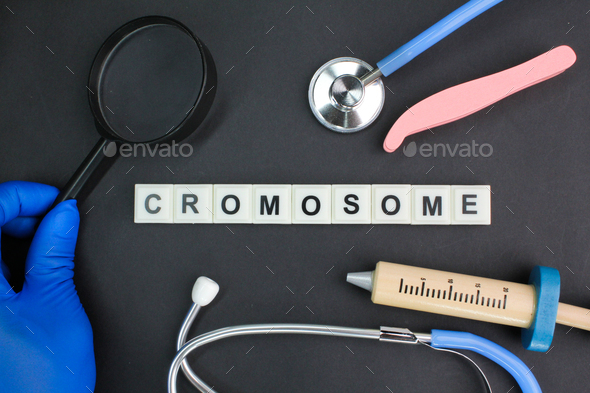 stethoscope, magnifying glass and needle shape with the word chromosome ...