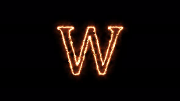 Letter W fire. Animation on a black background the letter 4K video is burning in a flame.