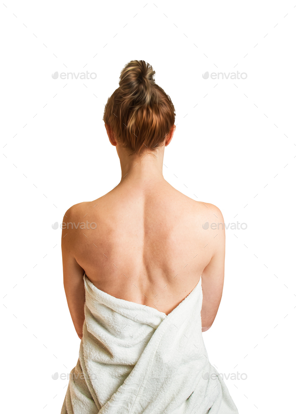 woman from back in towel on white background, spa