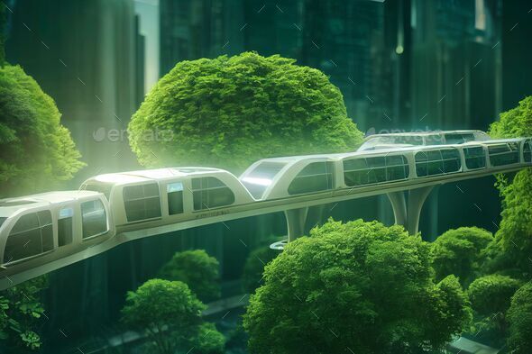 Green land with modern buildings and trains in the future