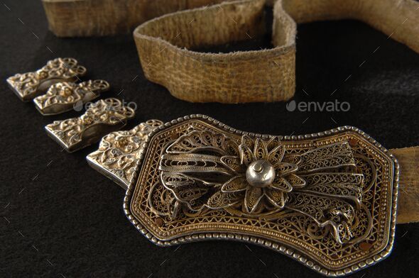 Antique, silver belt isolated on a black background, Central Asia, Uzbekistan