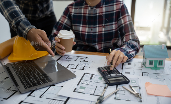 Architecture Engineer Teamwork Meeting, Drawing and working for architectural project and engineerin - Stock Photo - Images