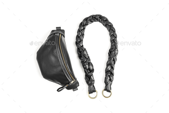 Black Leather Waist Bag with Detached Braid Strap