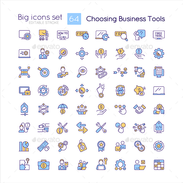 Choosing business tools RGB color icons set