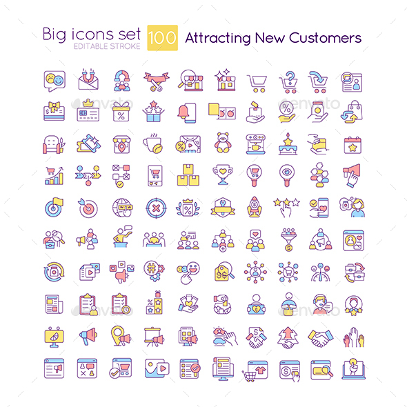 Attracting new customers RGB color big icons set