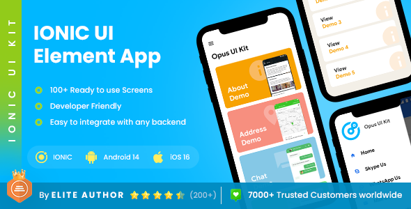 Ionic UI Element with 100+ Screen| Ready to Use  Android, iOS App screen Template | Opus UI Element