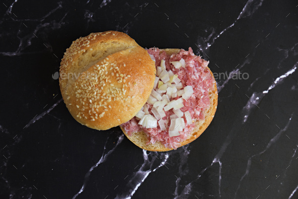Traditional German round roll with fresh Zwiebelmett Stock Photo by ...