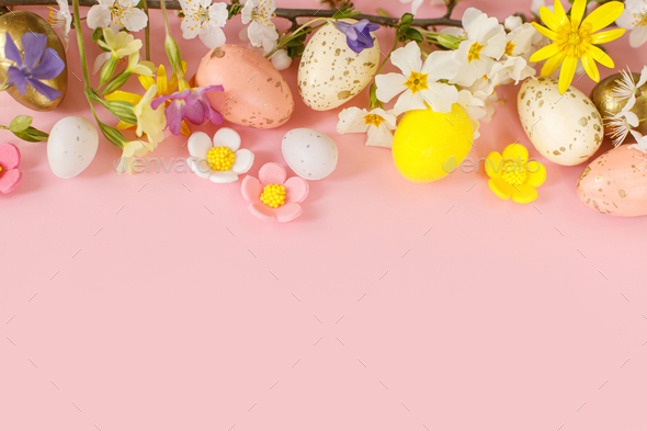 Happy Easter! Easter flat lay with stylish eggs and blooming spring flowers - Stock Photo - Images