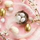 Happy Easter! Easter flat lay with stylish eggs in nest, feathers and blooming cherry branch - PhotoDune Item for Sale
