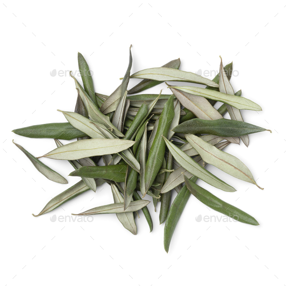 Heap of dried olive leaves as an ingredient on white background - Stock Photo - Images