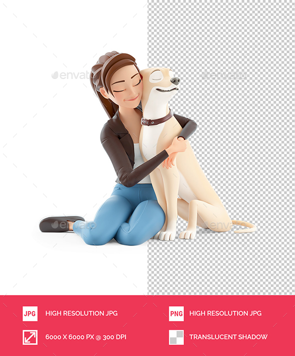 3D Cartoon Woman Hugging Her Dog on the Floor