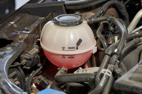 expansion tank of the car cooling system with pink antifreeze and black tubes of the engine
