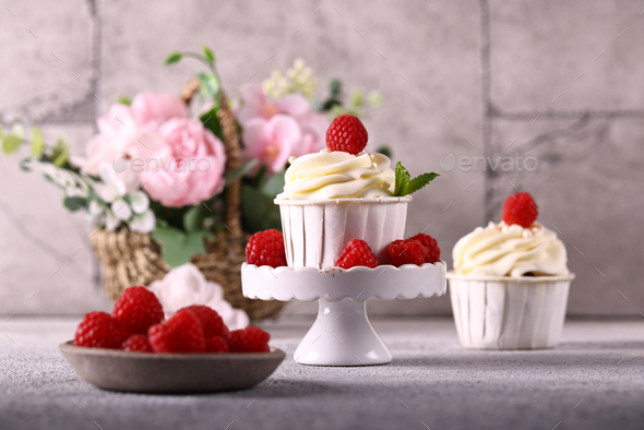 fresh dessert cupcake with vanilla cream - Stock Photo - Images