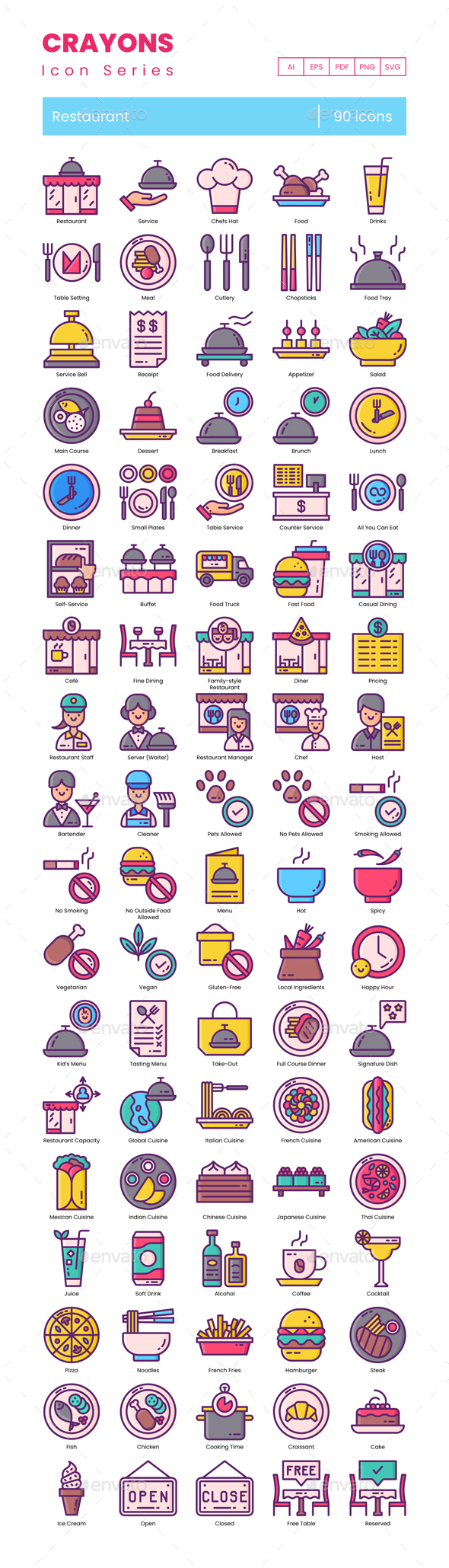90 Restaurant Icons | Crayons Series