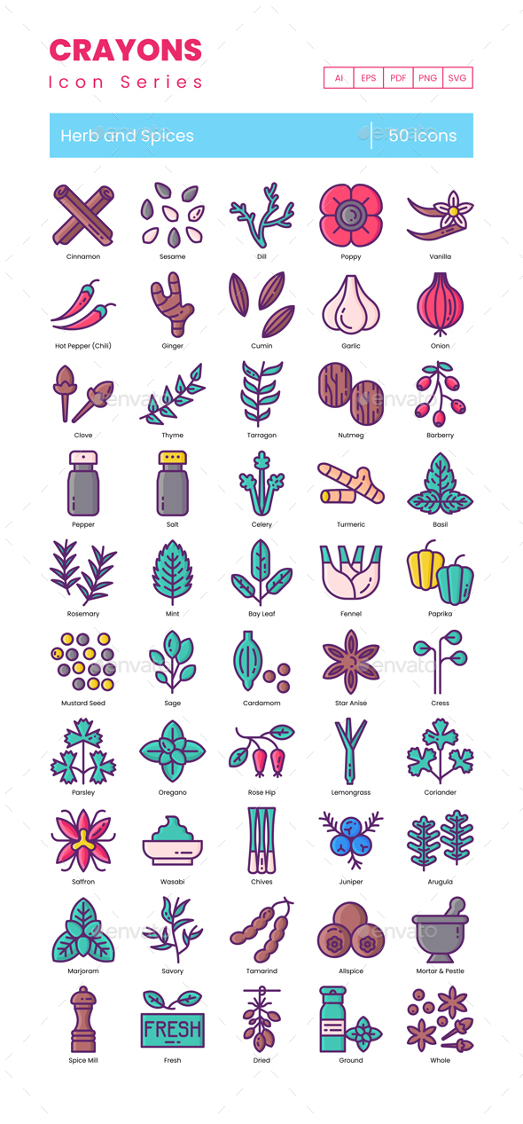 50 Herbs and Spices  Icons | Crayons Series