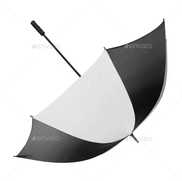 Opened black and white umbrella on white background Stock Photo by