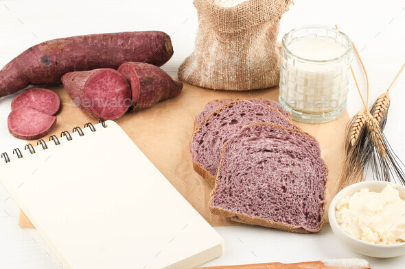 Top View Composition of Slice Homemade Purple Bread Made from Japanese Purple Sweet Potato