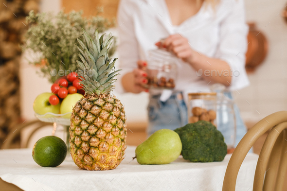 close-up of vegetables, fruits on the kitchen table. cooking. Balanced nutrition - Stock Photo - Images