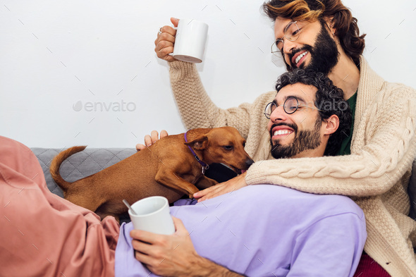 happy couple of gay men relaxing on the sofa - Stock Photo - Images