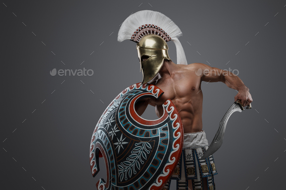 Greek Swordsman From Past With Shield And Plumed Helmet Stock Photo By Fxquadro