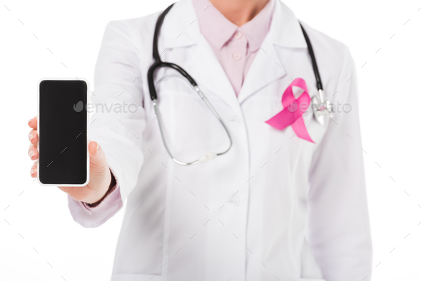 cropped shot of doctor with pink ribbon holding smartphone with blank screen isolated on white,