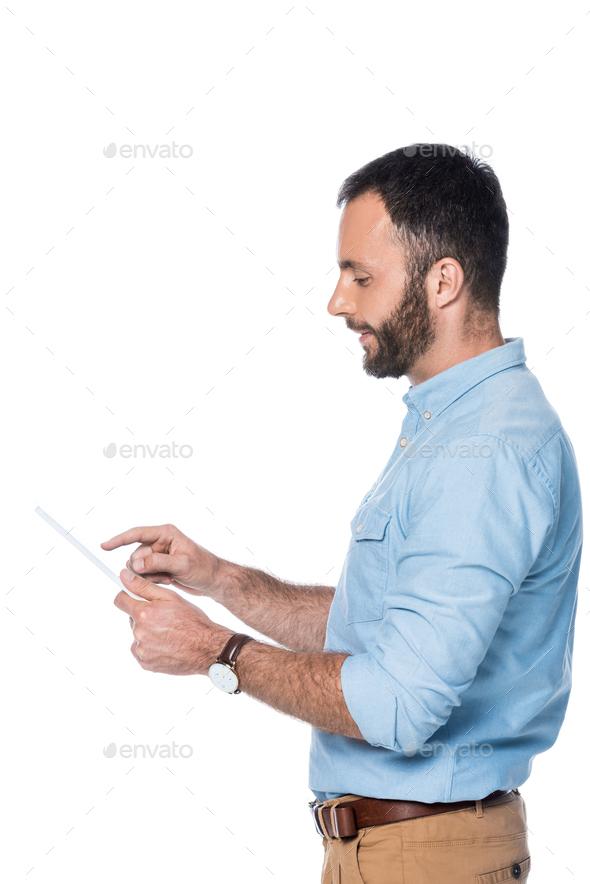 man using digital device isolated on white - Stock Photo - Images