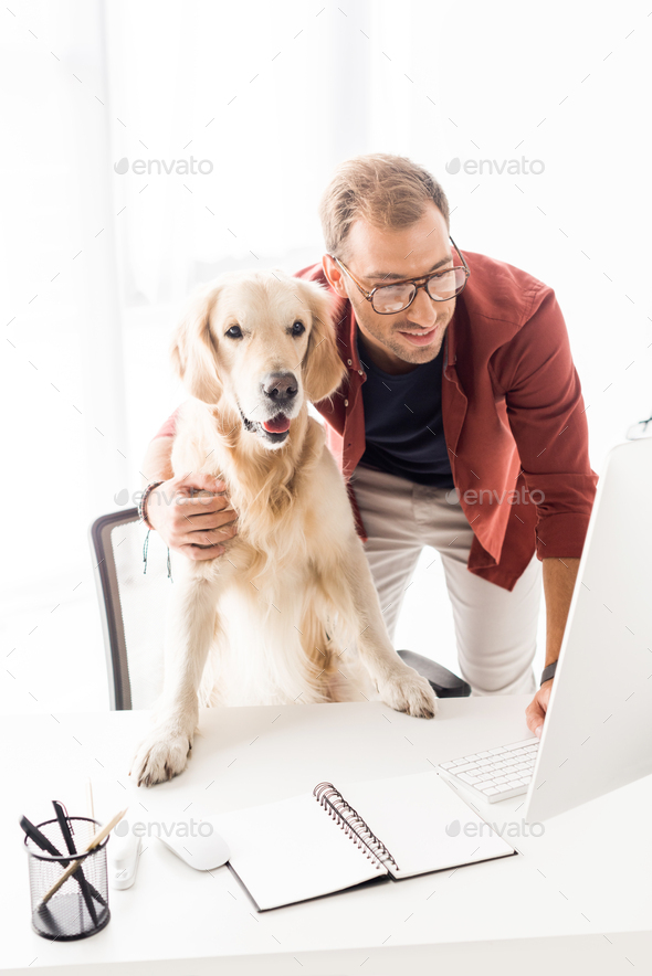 businessman hugging golden retriever while working in modern office