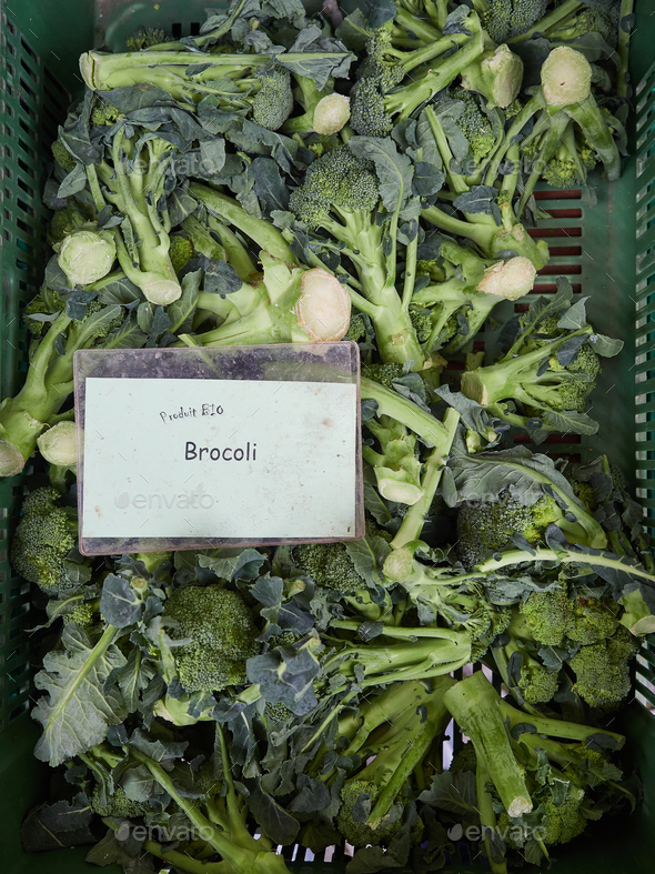 organic broccoli in farmers market, french text 