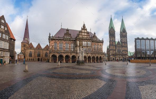 Panoramic View of Market Square with Cathedral and Old Town Hall - Bremen, Germany - Stock Photo - Images