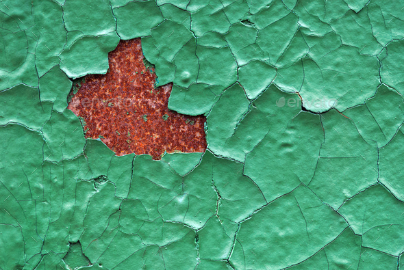 Green cracked enamel paint on rusty wall - Stock Photo - Images
