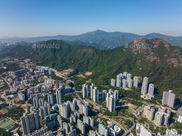 Aerial view of Hong Kong lion rock mountain with residential district