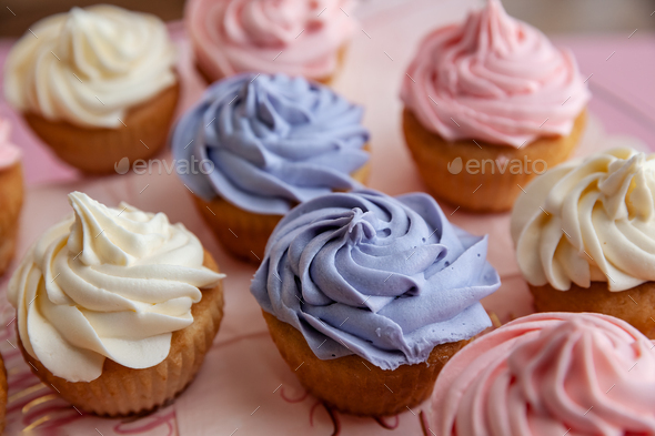 Fresh homemade cupcakes collected for Birthday party at natural light in a selective focus - Stock Photo - Images