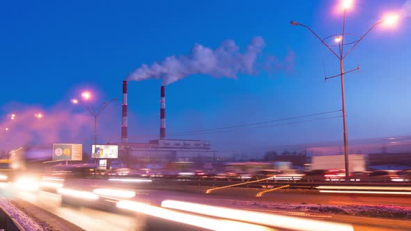 Power plant at night city Time lapse Cars Traffic  alt