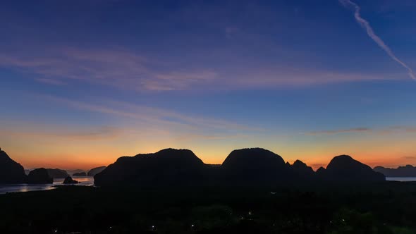 Beautiful Samet Nangshe viewpoint over Phnag-nga Bay during sunrise, Thailand - Time Lapse