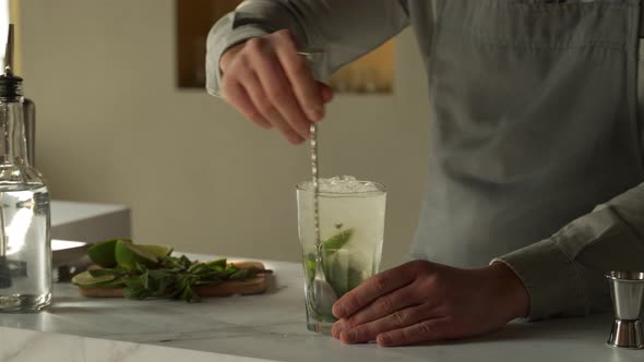 Bartender Mixes an Alcoholic Mojito Cocktail with a Spoon alt