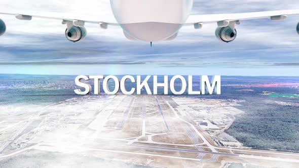 Commercial Airplane Over Clouds Arriving City Stockholm