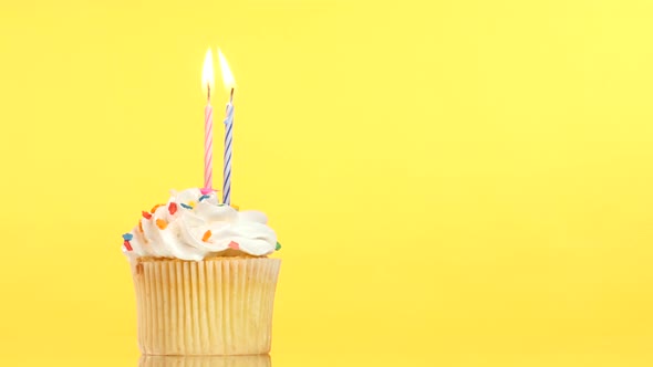 Tasty Birthday Cupcake with Two Candle, on Yellow Background alt