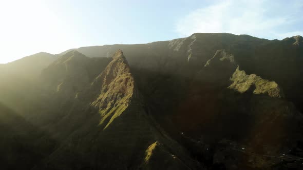 Flying Above Valley of Volcanic Mountains on Madeira Island, Portugal