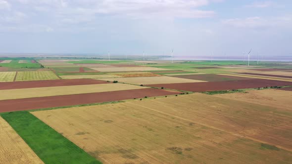 Wind turbines among the agricultural fields on the seashore. Aerial view.