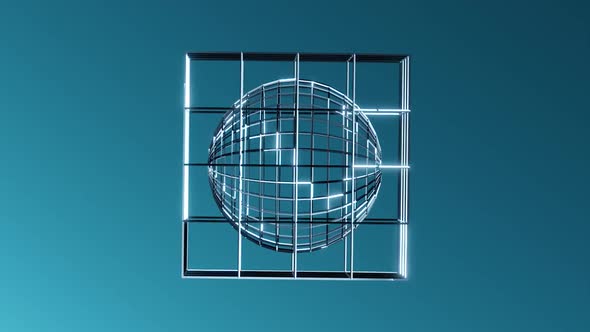 3d Render Illustration Rotating Threedimensional Wireframed Cube and Sphere