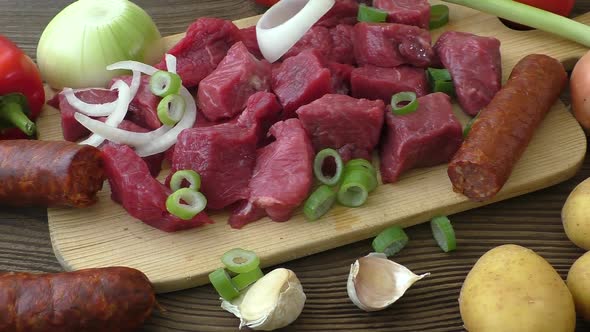 Raw ingredients for stew, goulash or soup. 