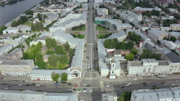 Aerial View at Cars Traffic in Sovetsky Prospect Tver, Russia
