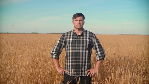Portrait of a male farmer who stands in a field with wheat.