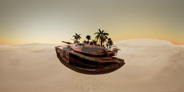 VR 360 Old Rusty Tank in the Desert at Sunset alt