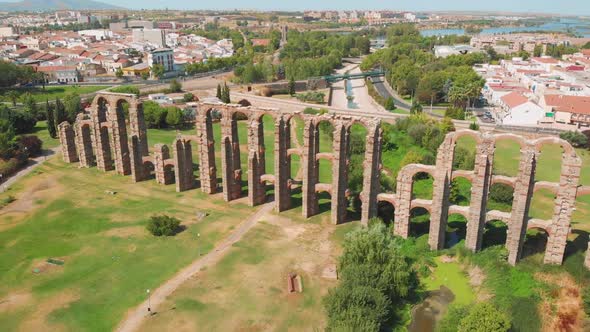 Flying Around Roman Aqueduct of Merida, Spain