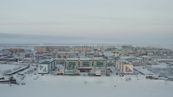 Establishing Shot on Arctic City in Siberia in Winter