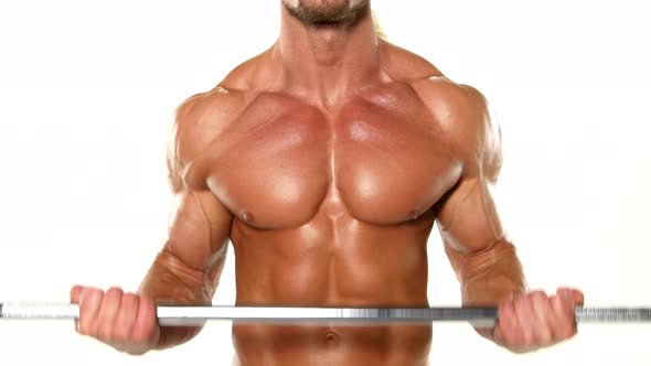 Close Up Young Muscular Man Bodybuilder with a Bar Exercises the Biceps, Isolated on White Studio alt