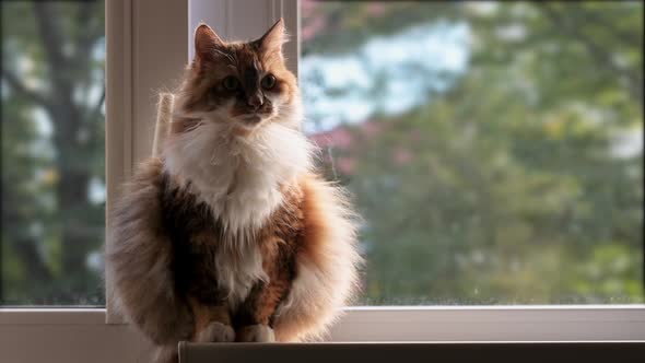 A beautiful domestic ginger cat sits on the windowsill in the backlight.