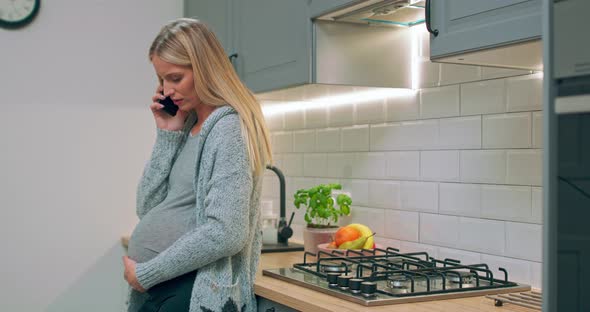 Cheerful Beautiful Pregnant Woman Talking on Cellphone alt